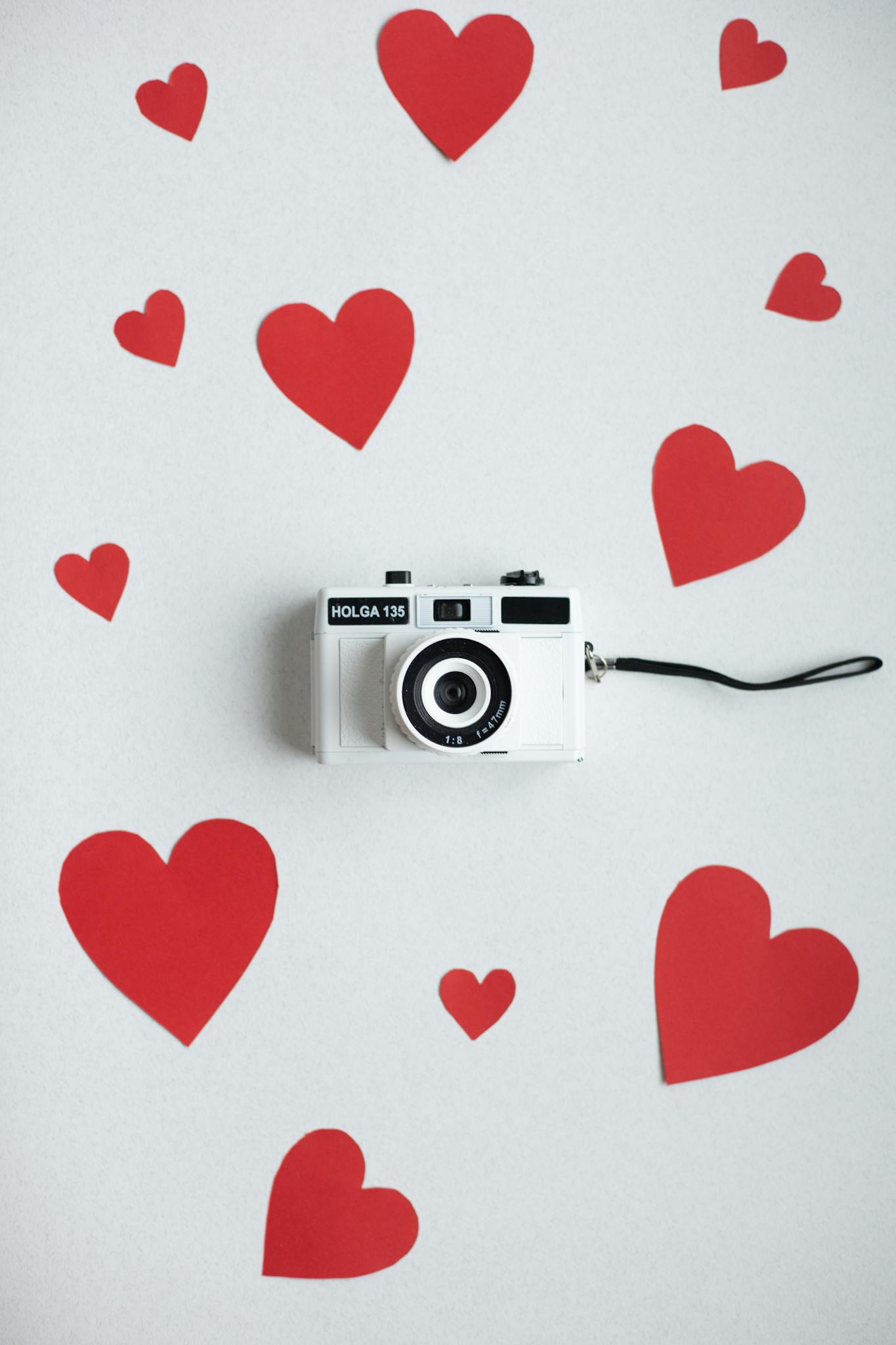 Paper hearts with retro photo camera